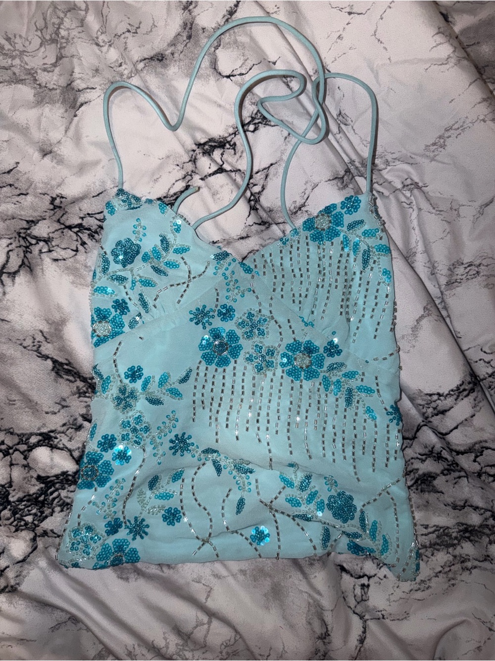 Light Blue Beaded Floral Backless Cami Top